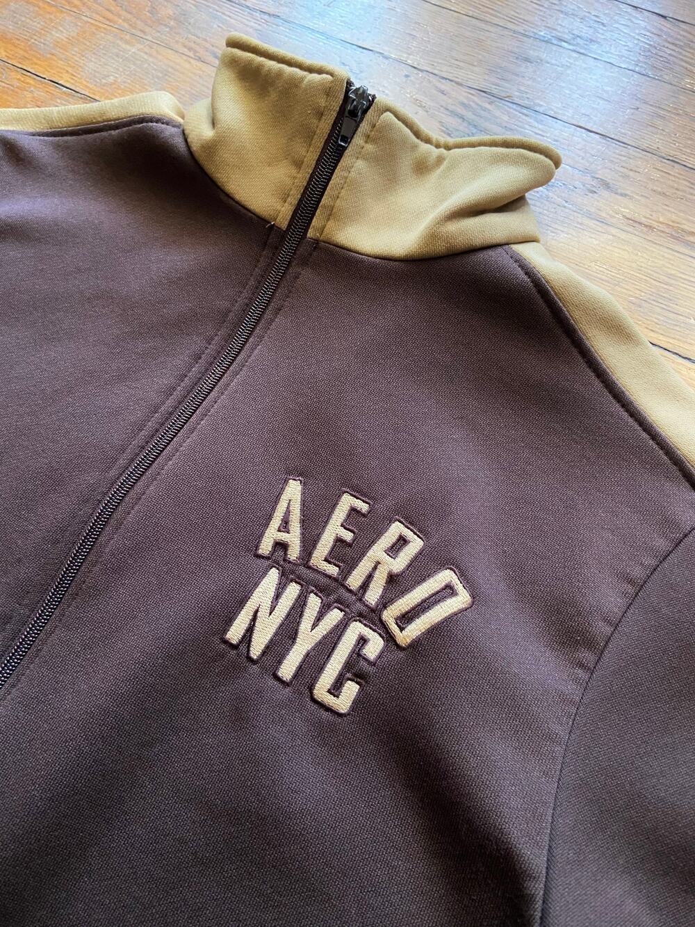 AEROPOSTALE NYC Brown/Yellow Full Zip Track Jacket/Sweater Mens sz M